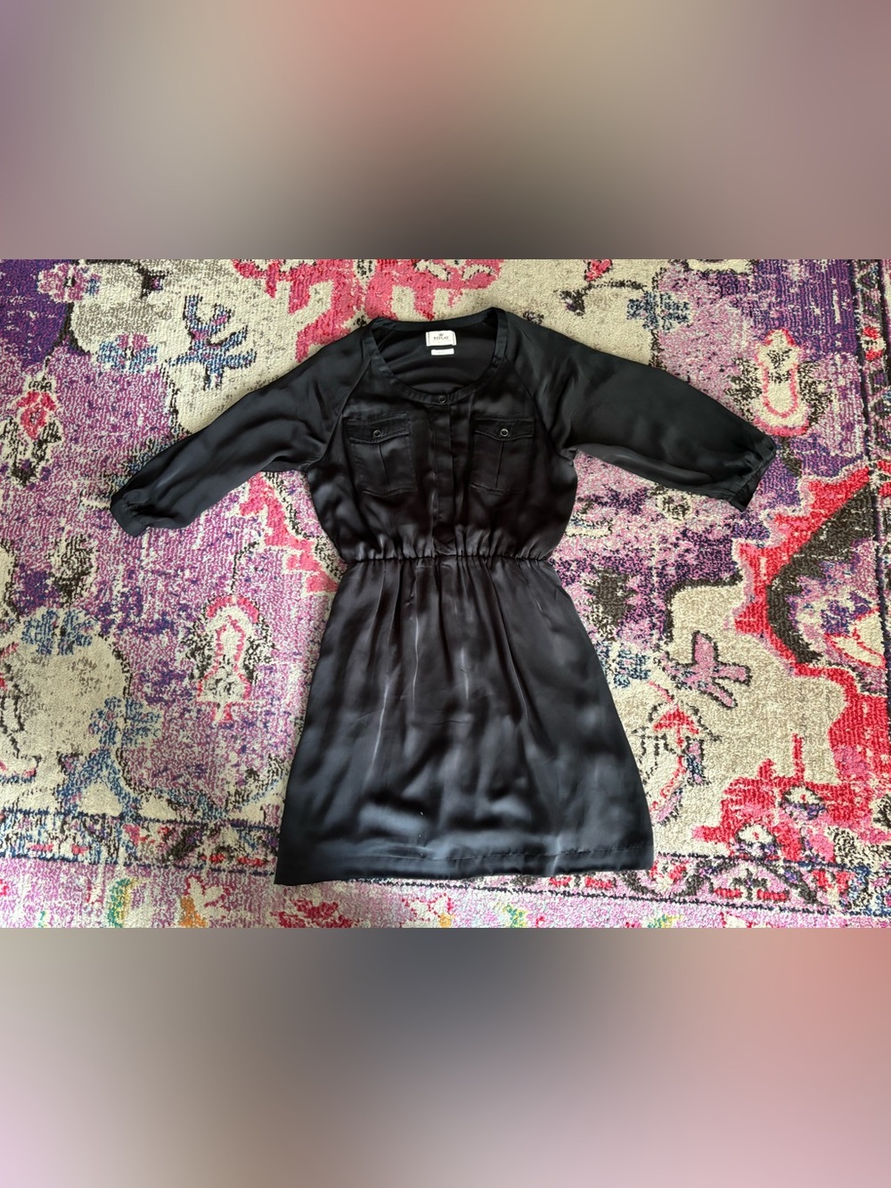 Replay Black Long-Sleeve Elastic-Waist Shirt Dress